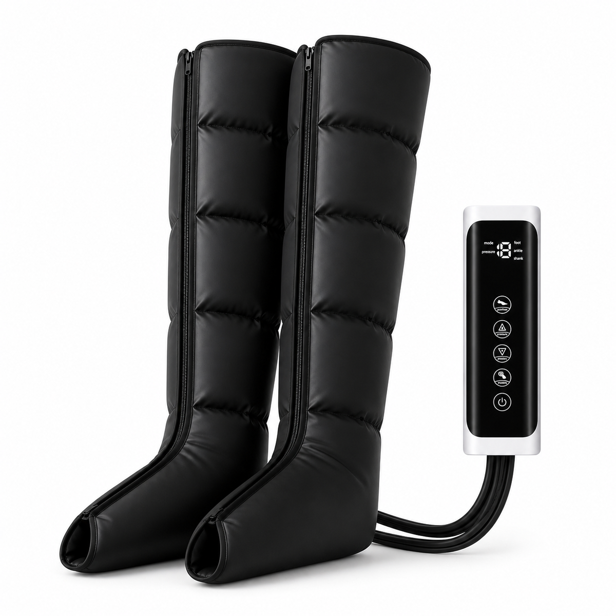 Onda air compression recovery boots standing upright, connected to the control unit