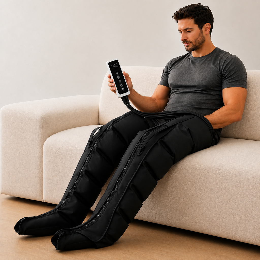Man relaxing on sofa wearing Onda full-leg compression recovery boots